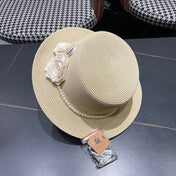 CHANEL 26S PEARL & ROSETTE STRAW BOATER HAT 337933