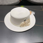 CHANEL 26S PEARL & ROSETTE STRAW BOATER HAT 337935