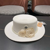 CHANEL 26S PEARL & ROSETTE STRAW BOATER HAT 337935