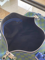 KEEPALL BANDOULIÈRE 45 IN BLUE GREEN DAMIER HERITAGE COATED CANVAS