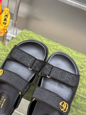 GG SANDALS IN BLACK FABRIC AND CALFSKIN WITH GOLD HARDWARE