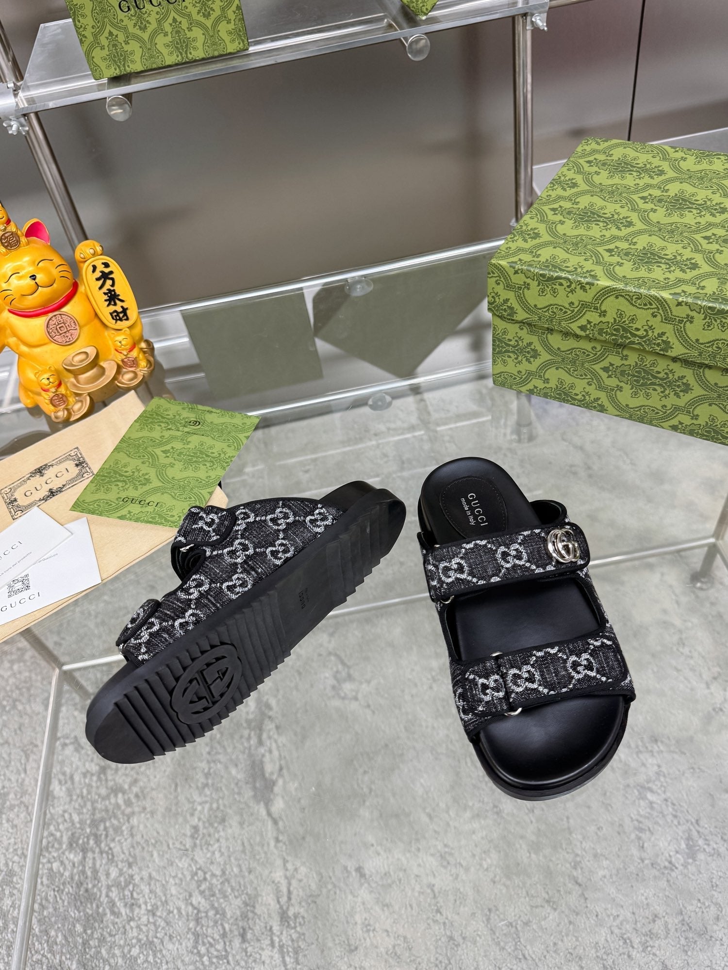 GG SANDALS IN BLACK FABRIC AND CALFSKIN WITH SILVER HARDWARE