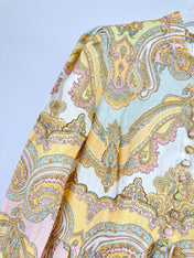 HIGH-NECK LONG-SLEEVE PRINTED DRESS IN PURPLE AND YELLOW