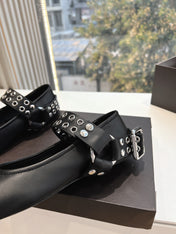 ALAIA 26S FLATS IN BLACK CALFSKIN WITH SILVER STUD STRAP