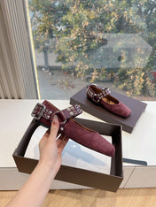 ALAIA 26S FLATS IN DARK RED SUEDE WITH SILVER STUD STRAP