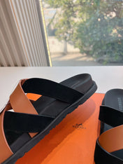 KAZIMIR SANDAL IN BRONZE BROWN CALFSKIN AND BLACK SUEDE