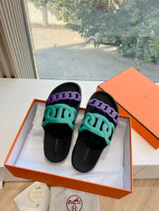 EXTRA SANDAL IN MEDIUM GREEN MIX VIOLET PURPLE CALFSKIN
