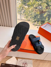 CHYPRE SANDAL IN AEGEAN BLUE MIX BLACK CALFSKIN