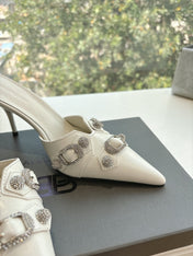 CRYSTAL BUCKLE WHITE CALFSKIN HEELED MULES