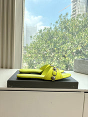 CAGOLE FLAT MULES IN LIME YELLOW CALFSKIN