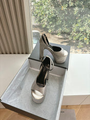 PLATFORM ANKLE STRAP HEELS IN BEIGE METALLIC ATTACHED RHINESTONES CALFSKIN