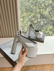 PLATFORM ANKLE STRAP HEELS IN SILVER METALLIC ATTACHED RHINESTONES CALFSKIN