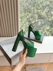 PLATFORM ANKLE STRAP HEELS IN GREEN METALLIC ATTACHED RHINESTONES CALFSKIN