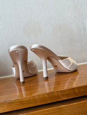 PEEP TOE SANDAL 25S HEELS 10CM IN PALE PINK BEIGE SATIN