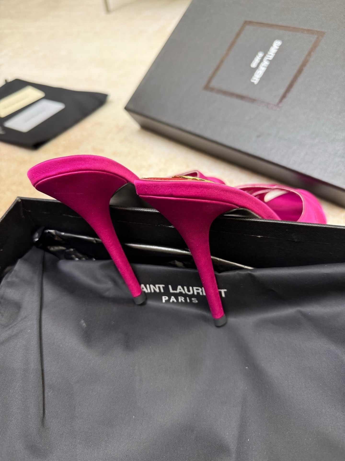 YSL 26S HEELED SANDALS 105 MM IN DARK PINK SATIN
