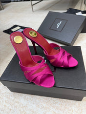 YSL 26S HEELED SANDALS 105 MM IN DARK PINK SATIN