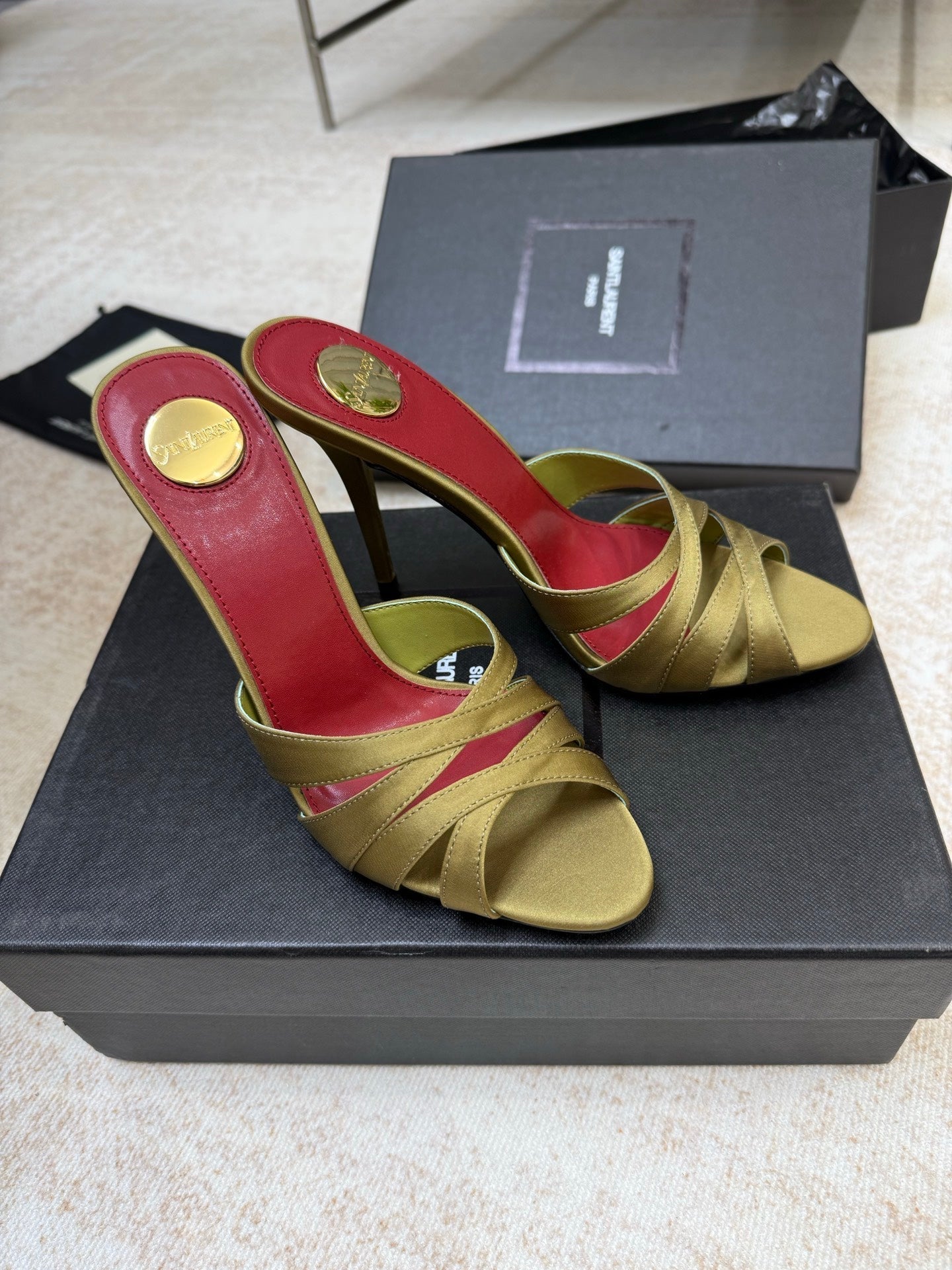 YSL 26S HEELED SANDALS 105 MM IN OLIVE GREEN SATIN
