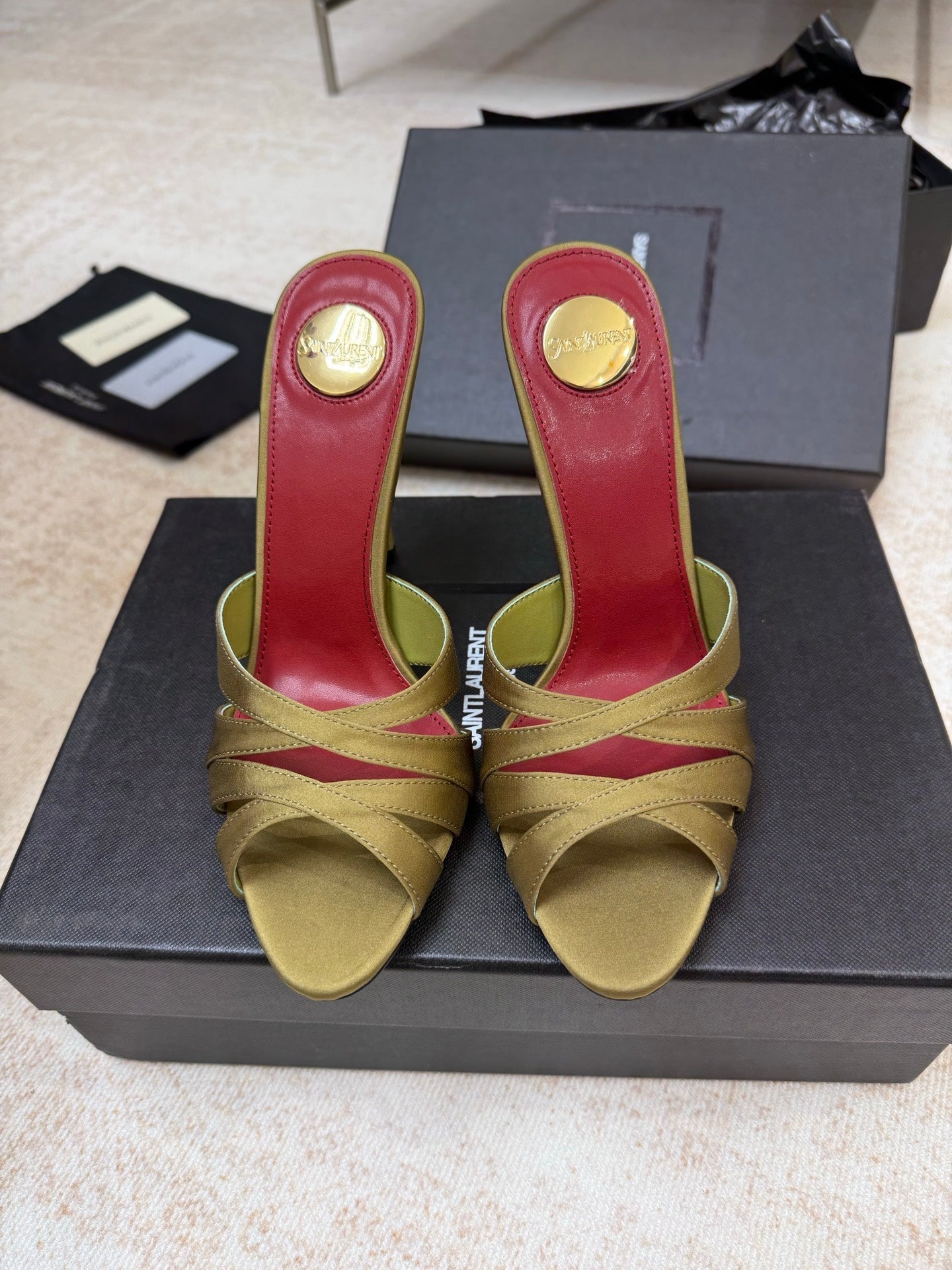 YSL 26S HEELED SANDALS 105 MM IN OLIVE GREEN SATIN
