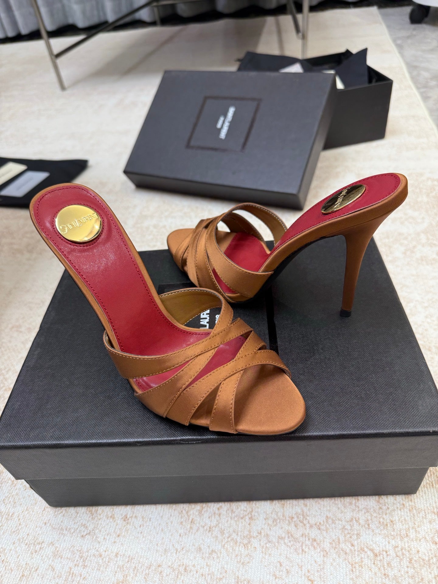 YSL 26S HEELED SANDALS 105 MM IN CLAY BROWN SATIN