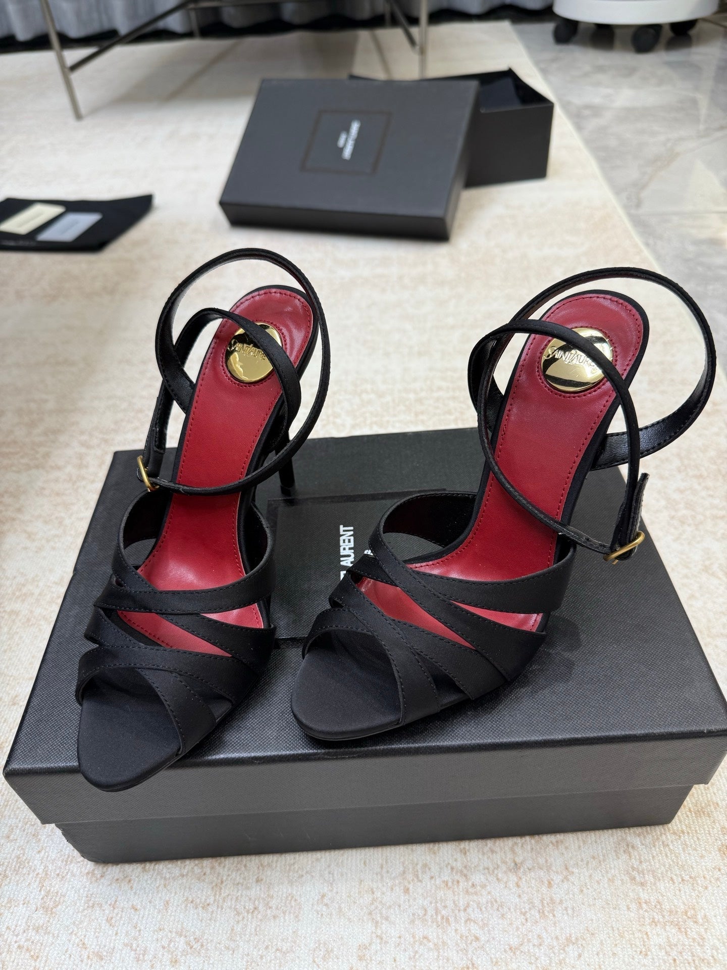 YSL 26S STRAPPY HEELED SANDALS 105 MM IN BLACK SATIN