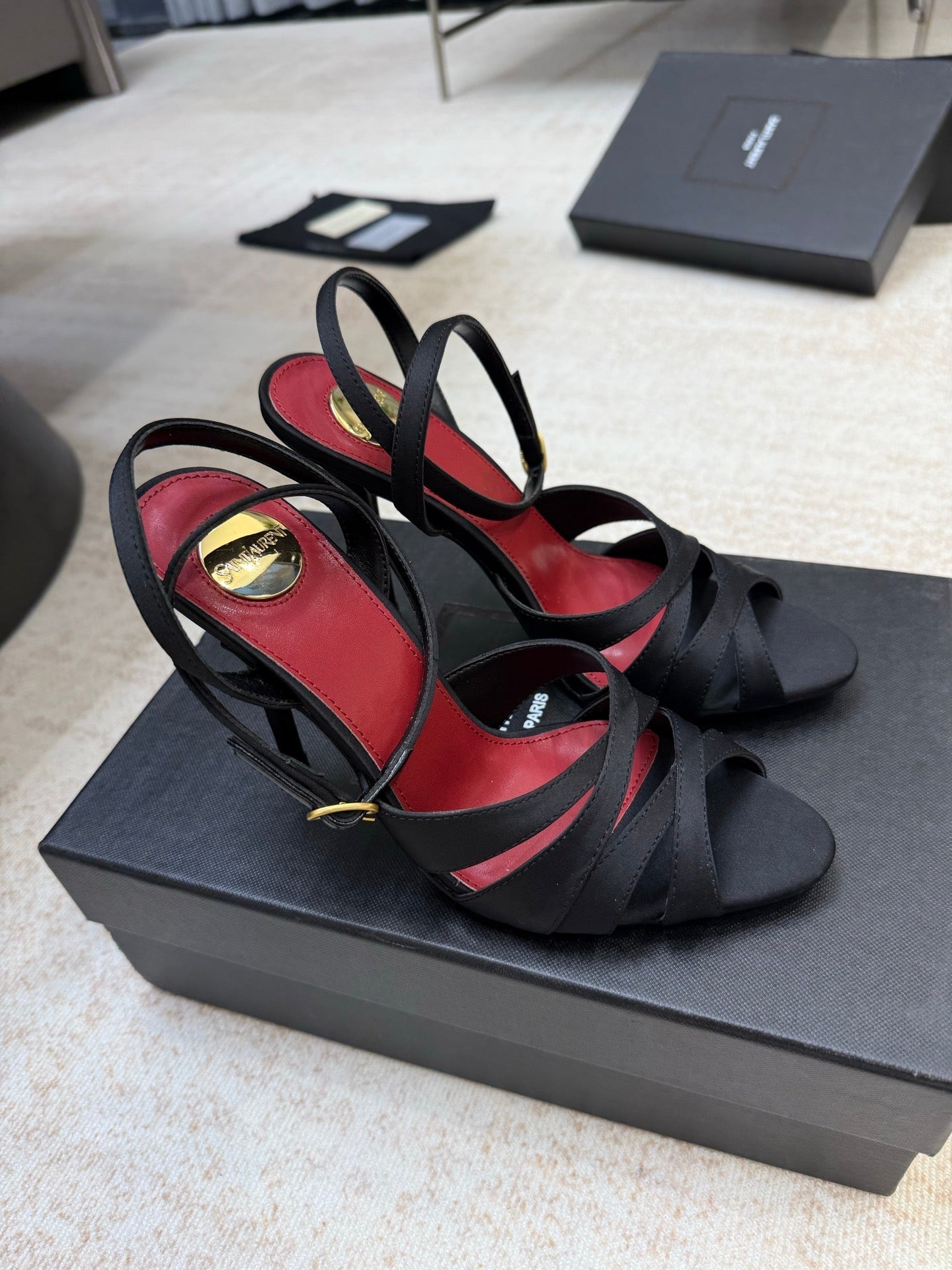 YSL 26S STRAPPY HEELED SANDALS 105 MM IN BLACK SATIN