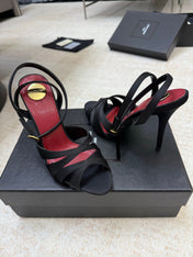 YSL 26S STRAPPY HEELED SANDALS 105 MM IN BLACK SATIN