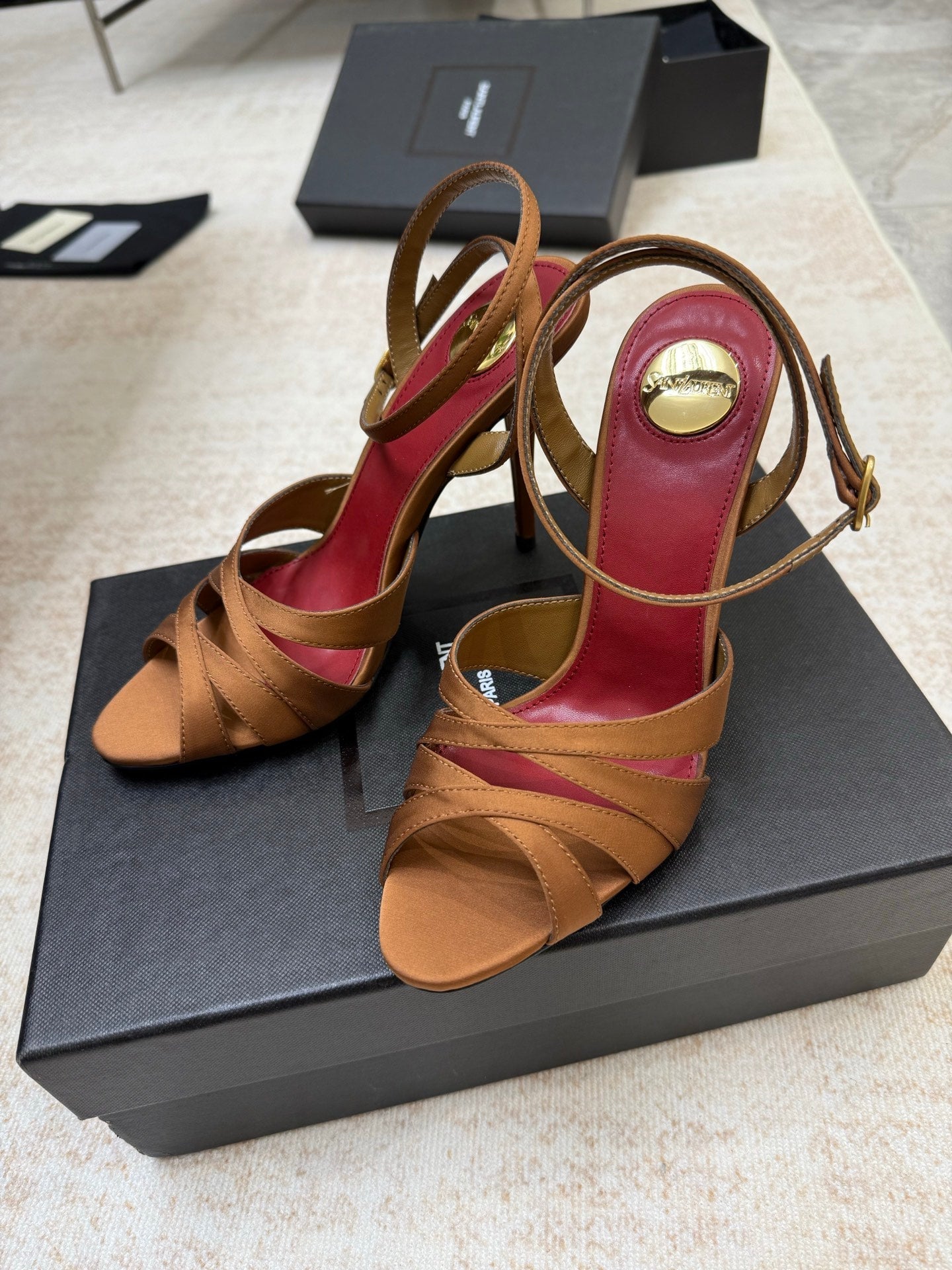 YSL 26S STRAPPY HEELED SANDALS 105 MM IN CLAY BROWN SATIN