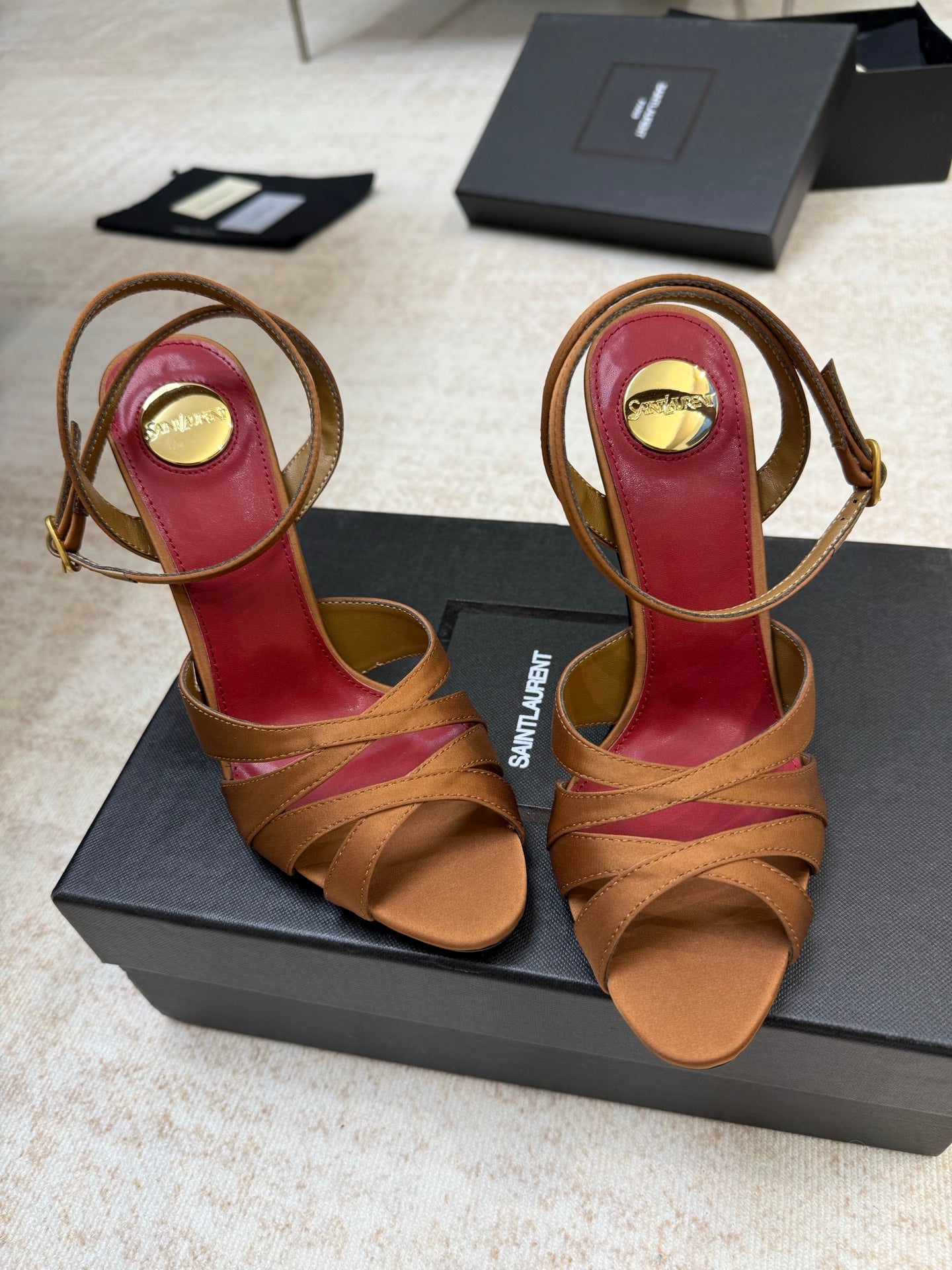 YSL 26S STRAPPY HEELED SANDALS 105 MM IN CLAY BROWN SATIN