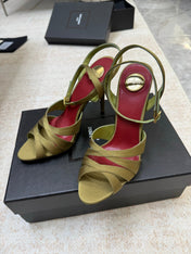 YSL 26S STRAPPY HEELED SANDALS 105 MM IN OLIVE GREEN SATIN