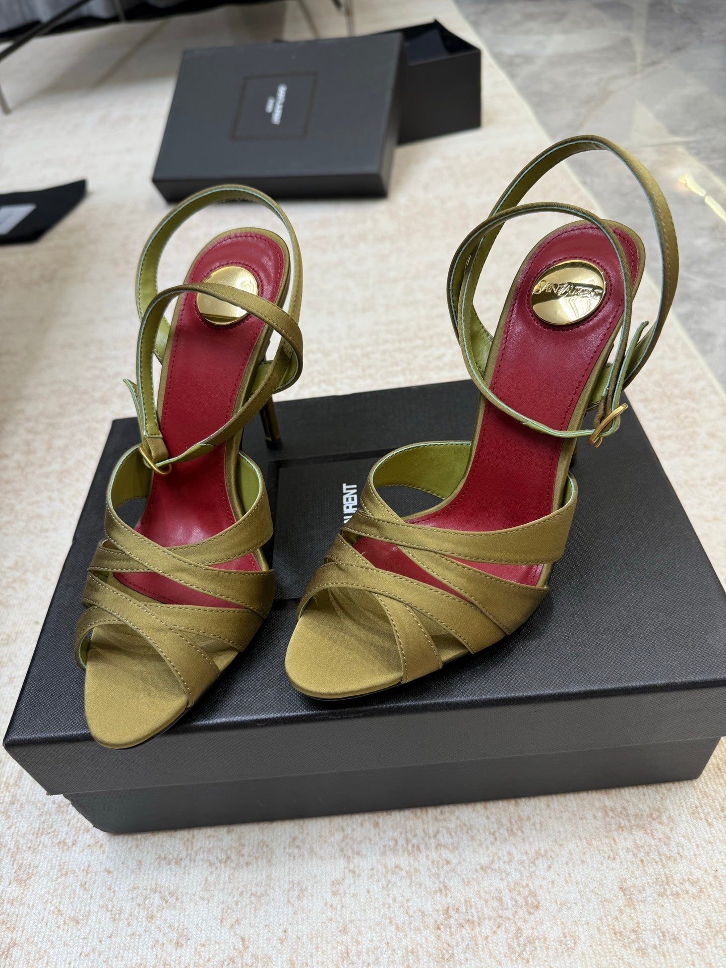 YSL 26S STRAPPY HEELED SANDALS 105 MM IN OLIVE GREEN SATIN