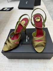 YSL 26S STRAPPY HEELED SANDALS 105 MM IN OLIVE GREEN SATIN
