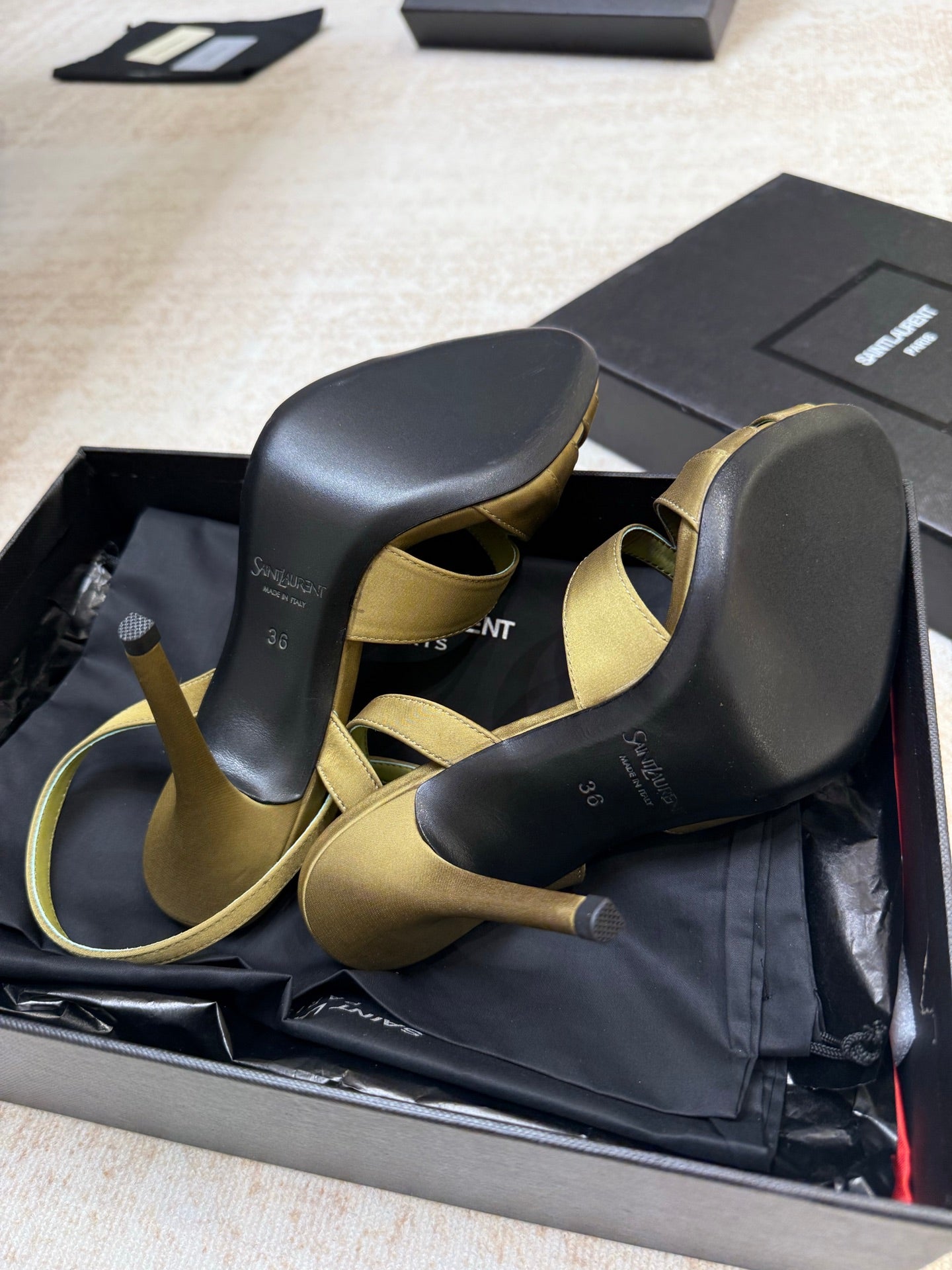 YSL 26S STRAPPY HEELED SANDALS 105 MM IN OLIVE GREEN SATIN
