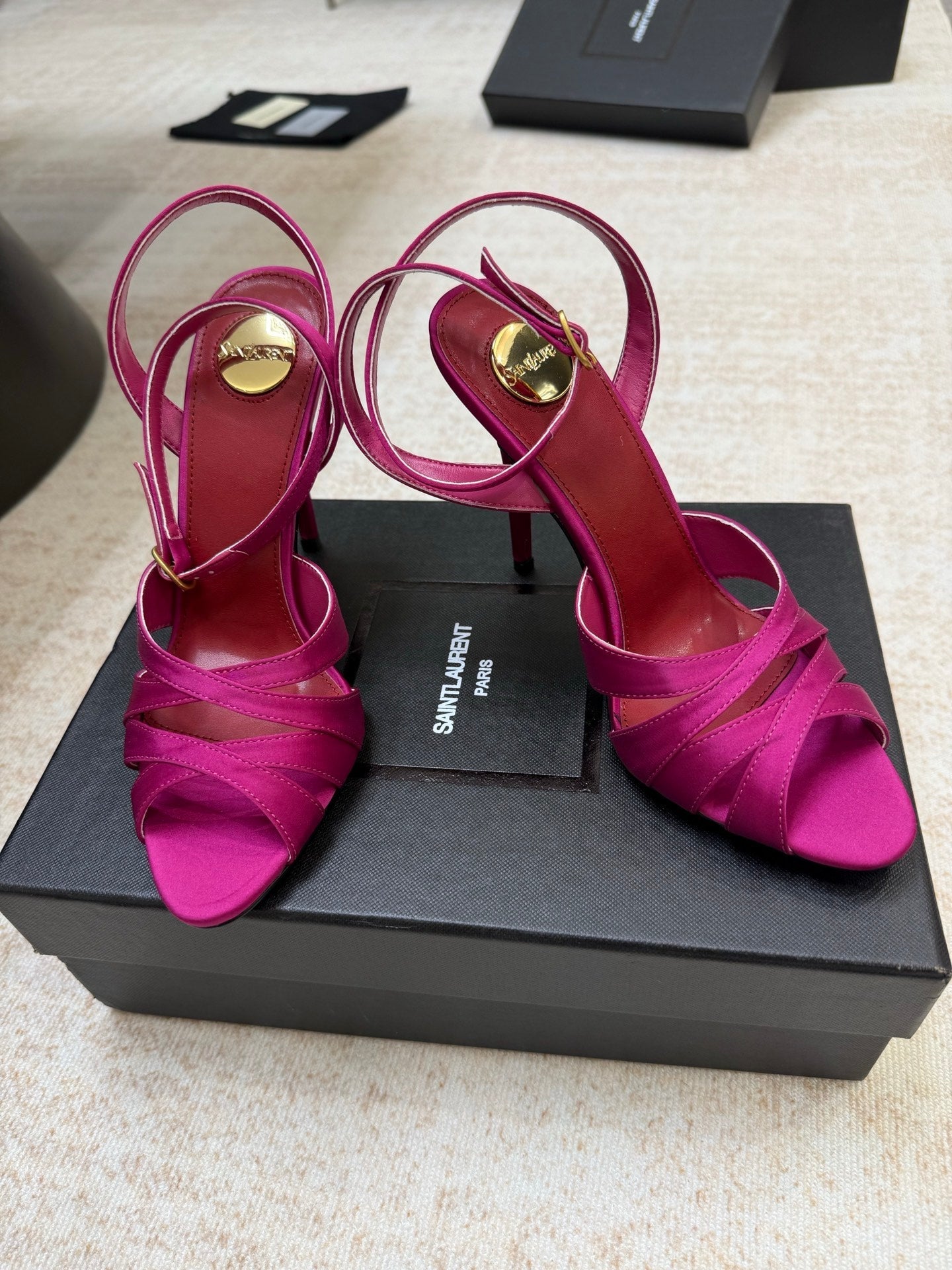 YSL 26S STRAPPY HEELED SANDALS 105 MM IN DARK PINK SATIN