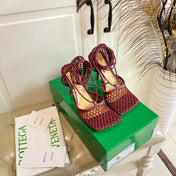 STRETCH LACE-UP SANDAL IN WINE RED METALLIZED MESH AND LEATHER 9 CM