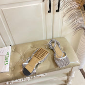 LACE-UP FLAT SANDAL IN SILVER METALLIZED MESH AND LEATHER WITH RHINSTONES