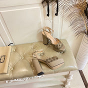 GG HORSEBIT PLATFORM SANDAL IN KHAKI BEIGE MONOGRAM CANVAS AND SHEEPSKIN LINING