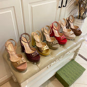 GG HORSEBIT PLATFORM SANDAL IN KHAKI BEIGE MONOGRAM CANVAS AND SHEEPSKIN LINING