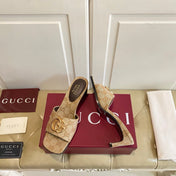 GUCCI 26S HIGH-HEELED SANDALS IN BEIGE CANVAS WITH GOLD HARDWARE