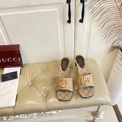 GUCCI 26S HIGH-HEELED SANDALS IN BEIGE CANVAS WITH GOLD HARDWARE