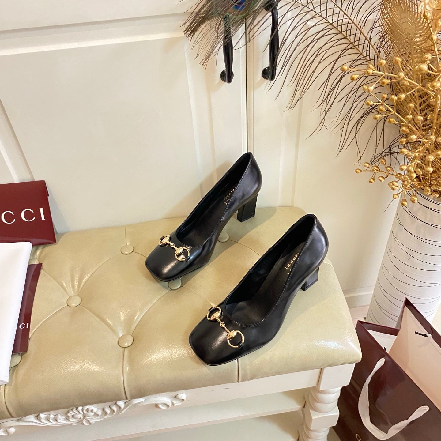 GUCCI 26S HORSEBIT MID-HEEL PUMPS 75 MM IN BLACK CALFSKIN