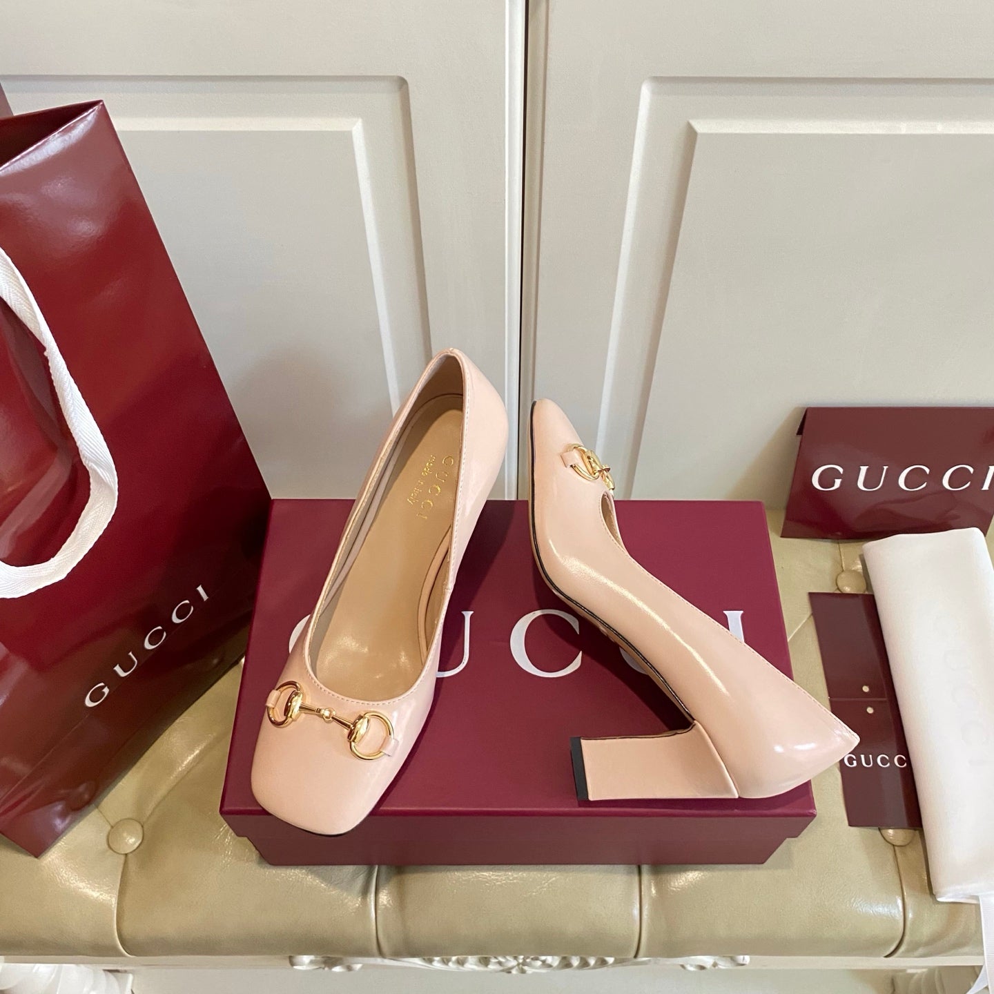 GUCCI 26S HORSEBIT MID-HEEL PUMPS 75 MM IN NUDE PINK CALFSKIN