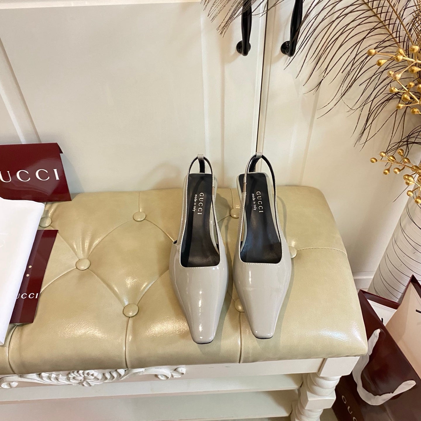 GUCCI 26S SLINGBACK 55 MM IN LIGHT TAUPE GRAY CALFSKIN