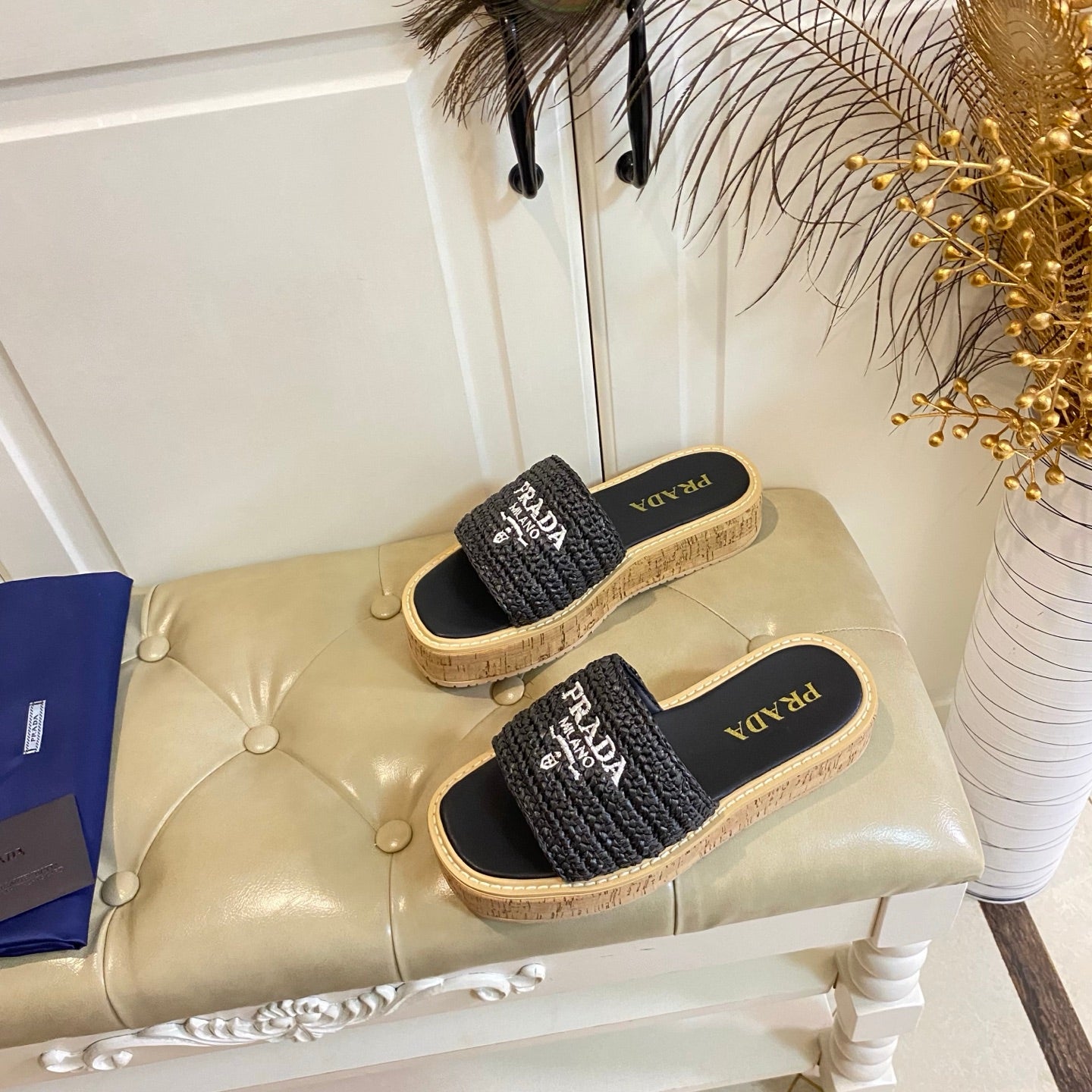 PRADA 26S SLIDE SANDALS CORK SOLE IN BLACK LOGO RAFFIA