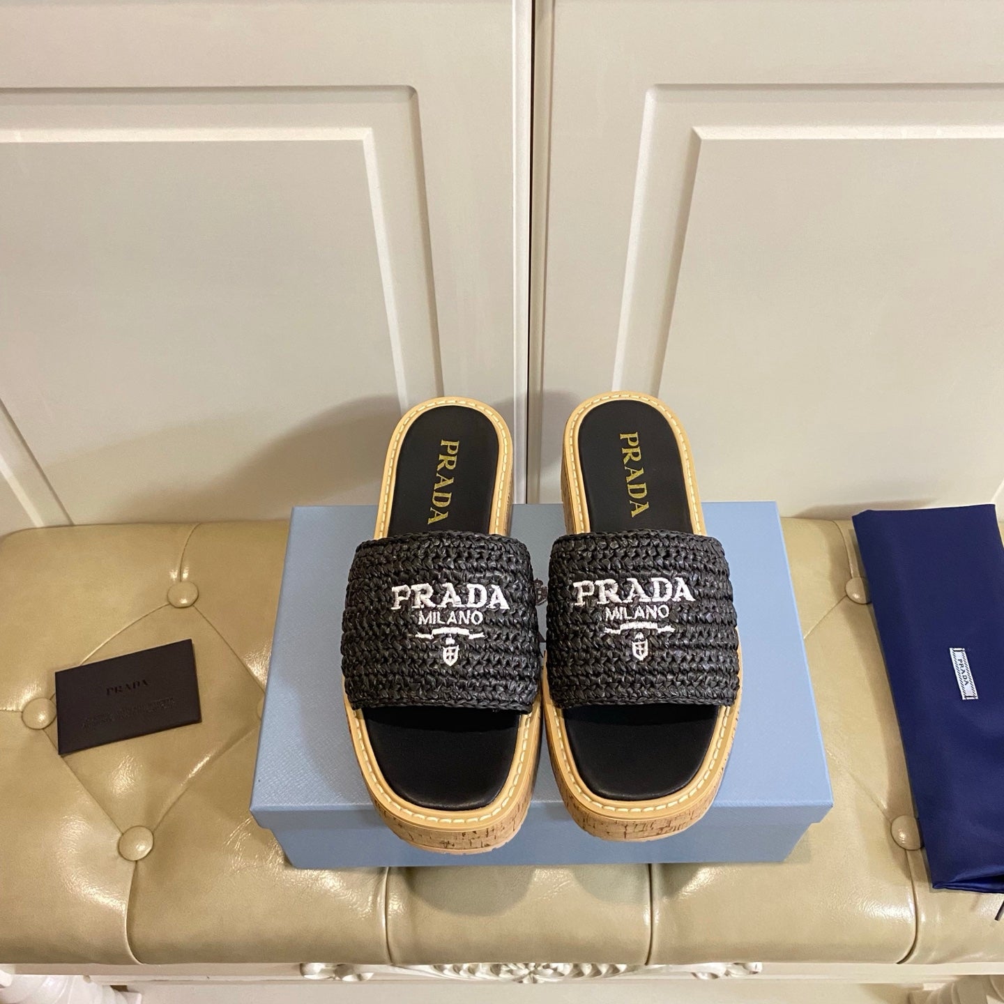 PRADA 26S SLIDE SANDALS CORK SOLE IN BLACK LOGO RAFFIA