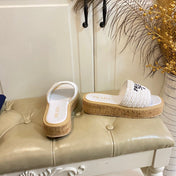PRADA 26S SLIDE SANDALS CORK SOLE IN WHITE LOGO RAFFIA
