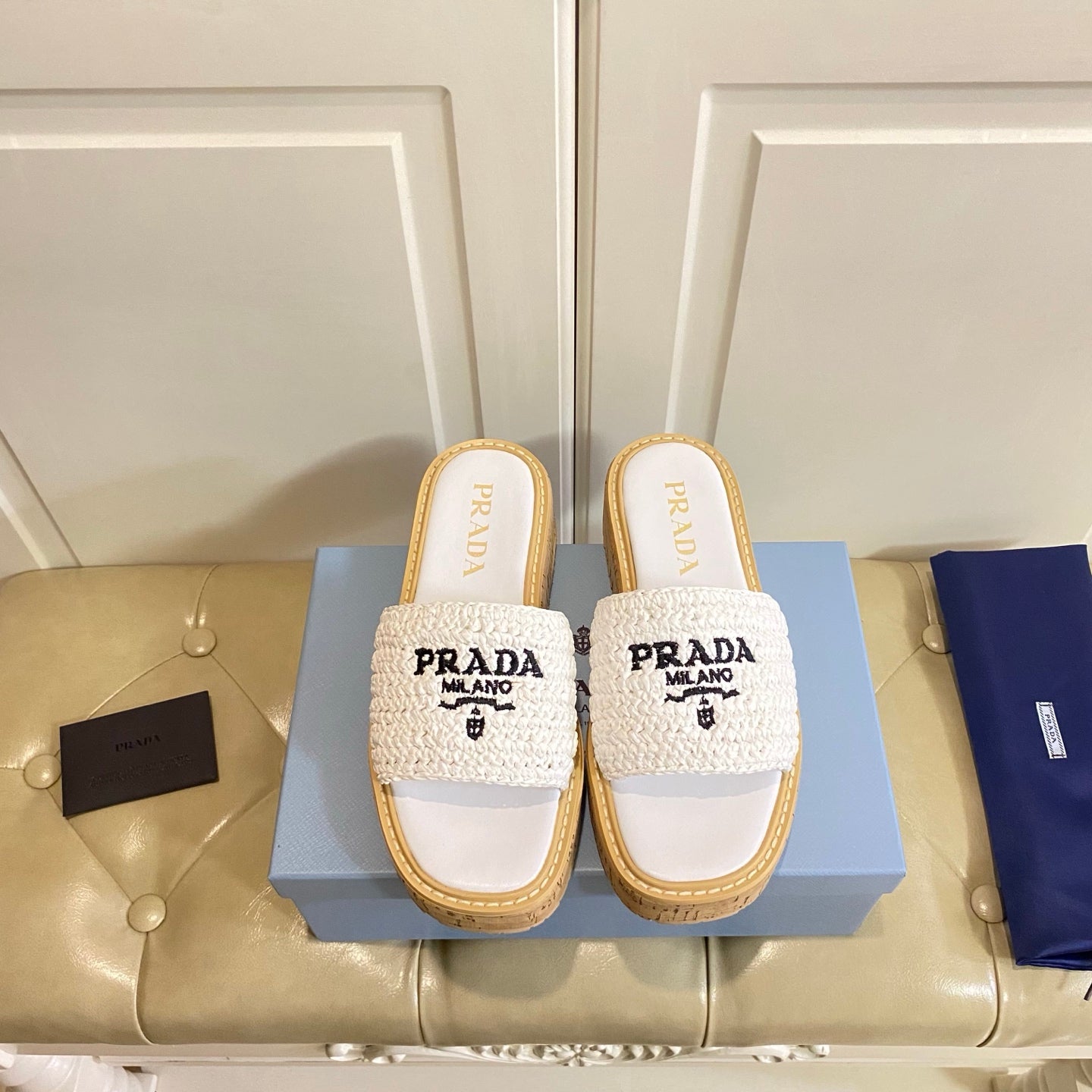 PRADA 26S SLIDE SANDALS CORK SOLE IN WHITE LOGO RAFFIA