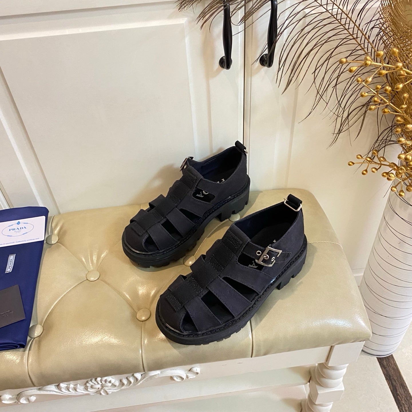 PRADA 26S BUCKLE FISHERMAN SANDALS CHUNKY SOLE IN BLACK CANVAS