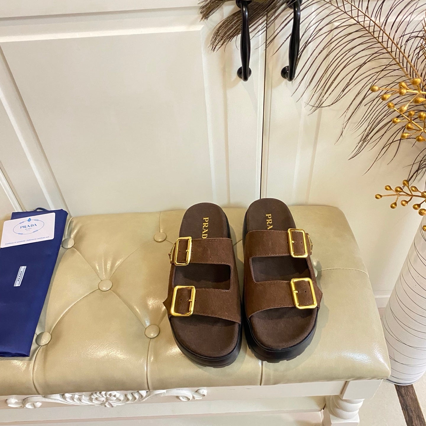 PRADA 26S DOUBLE BUCKLE SLIDE SANDALS CHUNKY SOLE IN DARK BROWN SUEDE