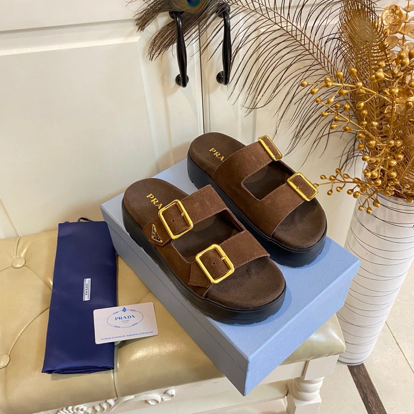 PRADA 26S DOUBLE BUCKLE SLIDE SANDALS CHUNKY SOLE IN DARK BROWN SUEDE