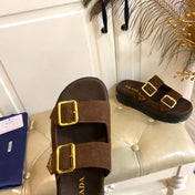 PRADA 26S DOUBLE BUCKLE SLIDE SANDALS CHUNKY SOLE IN DARK BROWN SUEDE